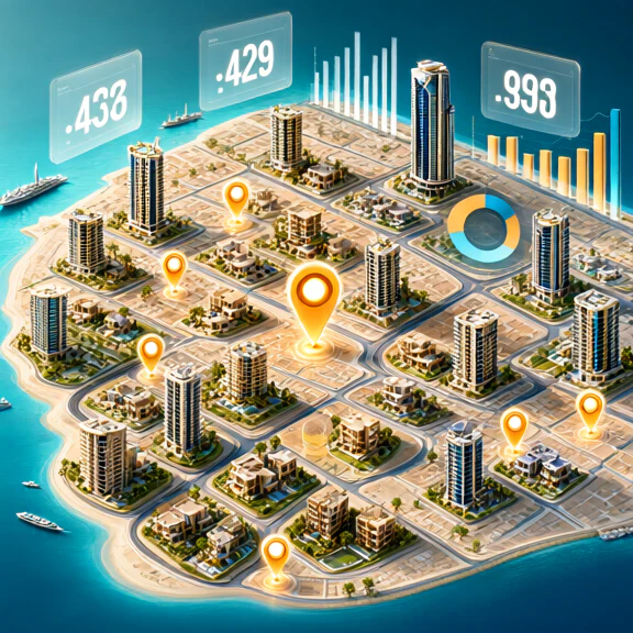 Illustrated Dubai community map with location markers