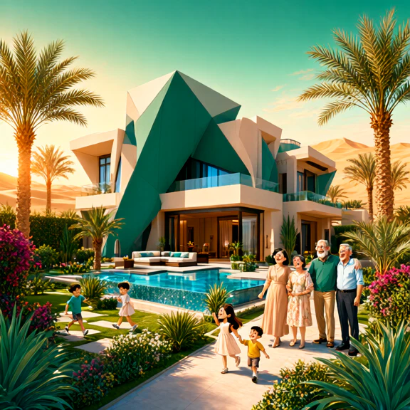 Illustration of families outside a Dubai villa